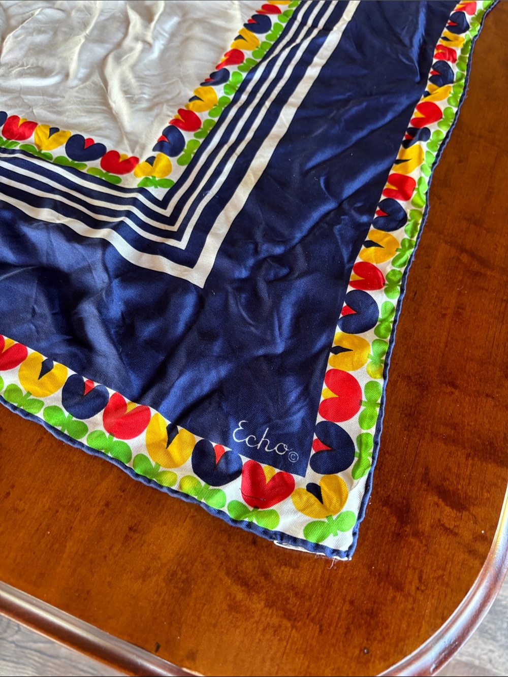 Echo Navy Silk Scarf with Multicolor Heart /flower Border